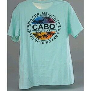 Cabo San Lucas California Sur Mexico Tee Men’s Large Green Palm Trees Beach EUC